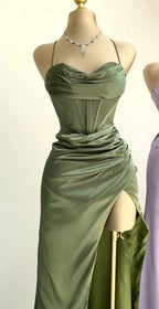 Classy Sheath Spaghetti Straps Red Satin Sleeveless Long Backless Prom Dresses