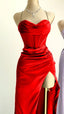 Classy Sheath Spaghetti Straps Red Satin Sleeveless Long Backless Prom Dresses