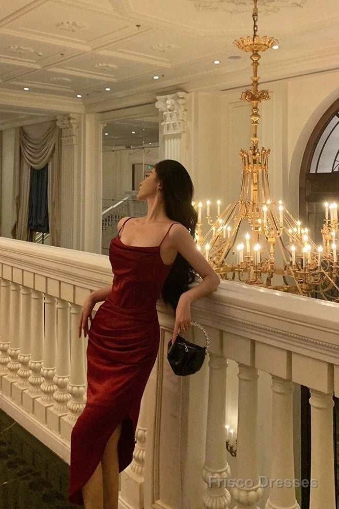 Classy Sheath Spaghetti Straps Red Slit Prom Dresses Birthday Outfits Secondary image