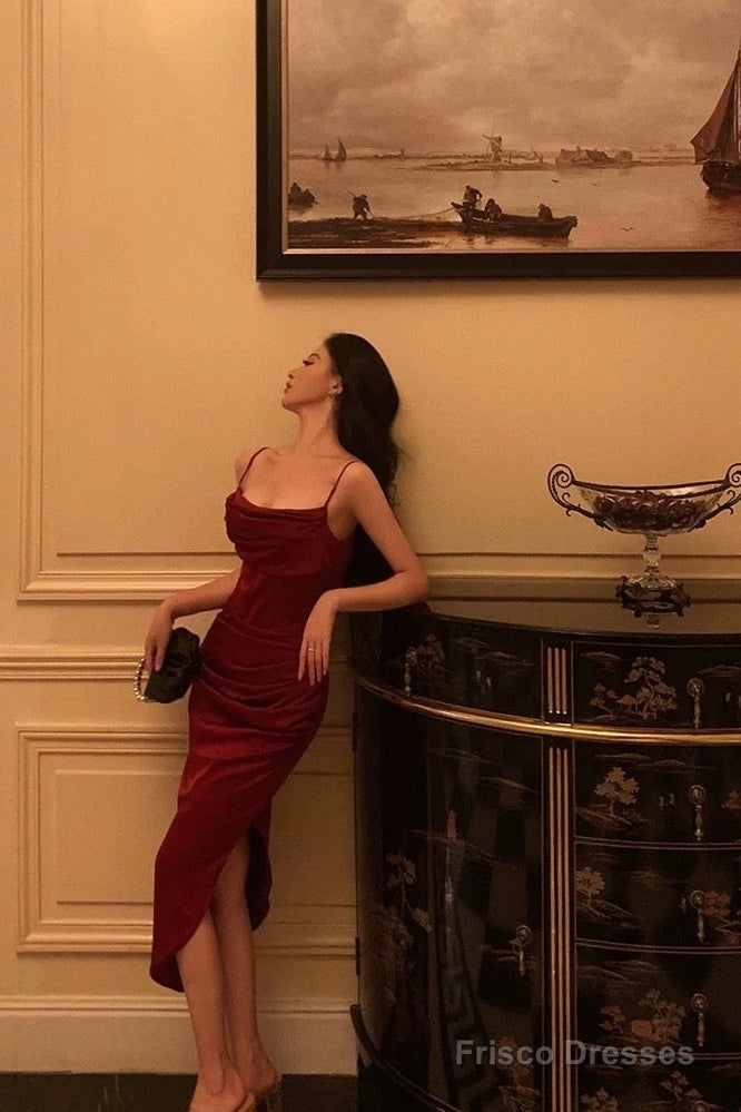 Classy Sheath Spaghetti Straps Red Slit Prom Dresses Birthday Outfits Main image