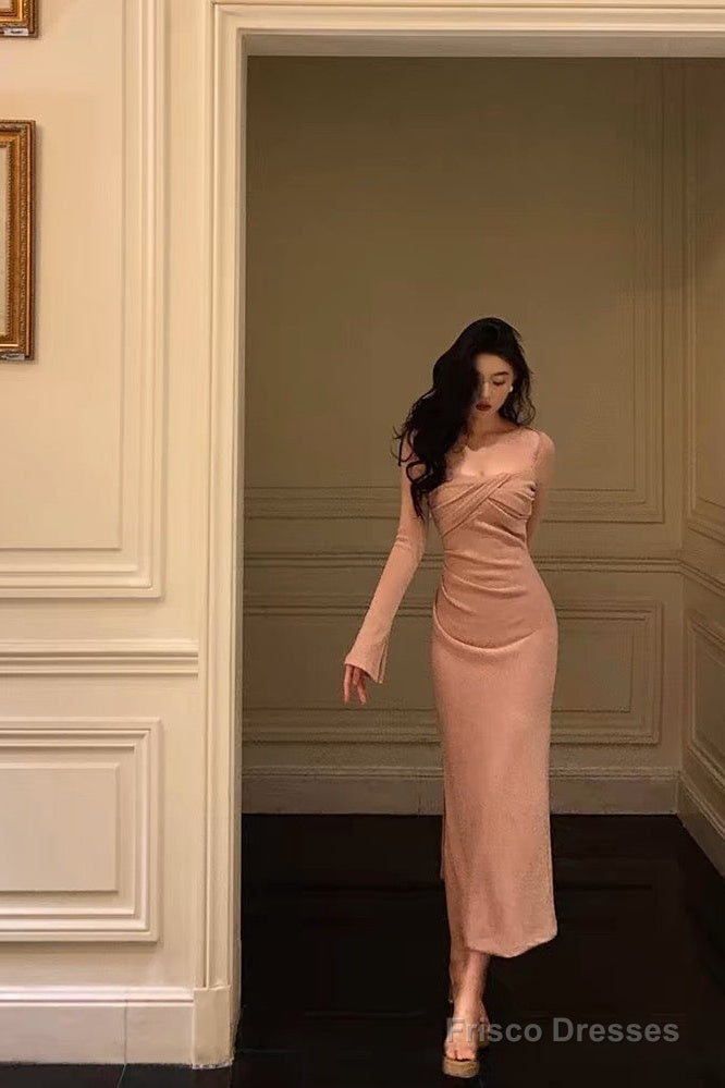 Classy Sheath Square Neckline Long Sleeves Pink Prom Dresses Birthday Outfits Main image