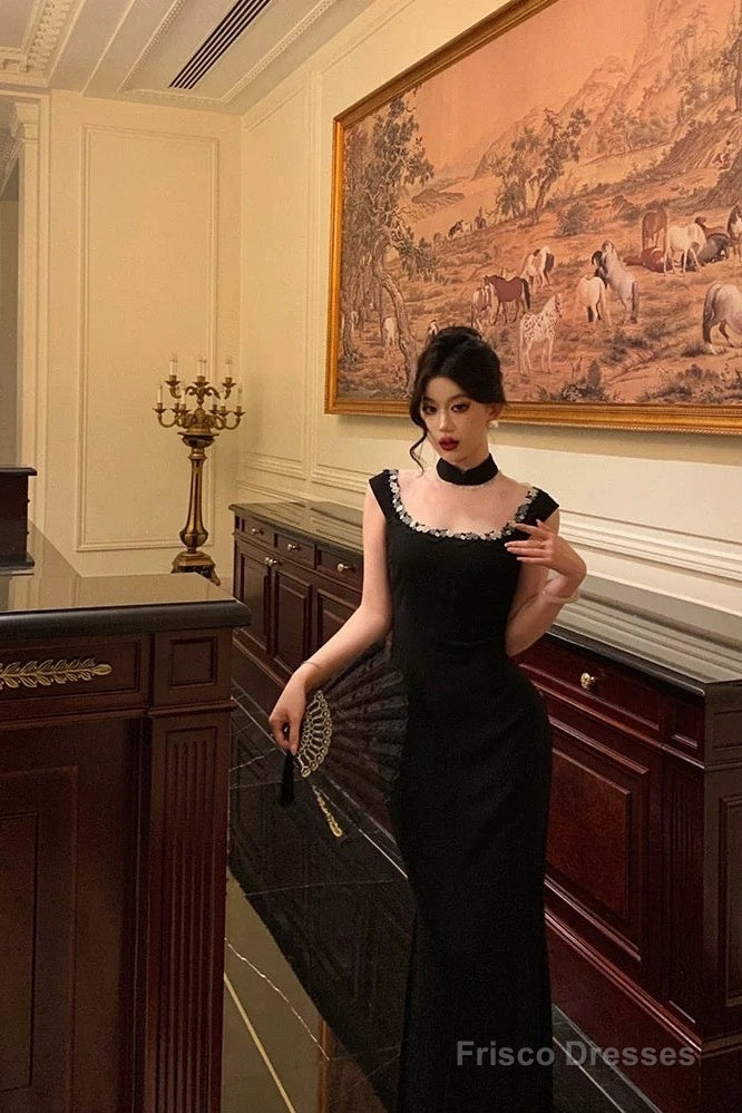 Classy Sheath Square Neckline Sleeveless Black Slit Prom Dresses Birthday Outfits Secondary image