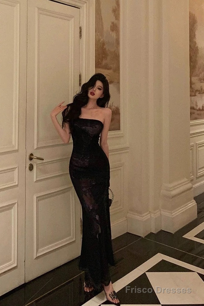 Classy Sheath Strapless Black Floral Prom Dresses Birthday Outfits Evening Gown