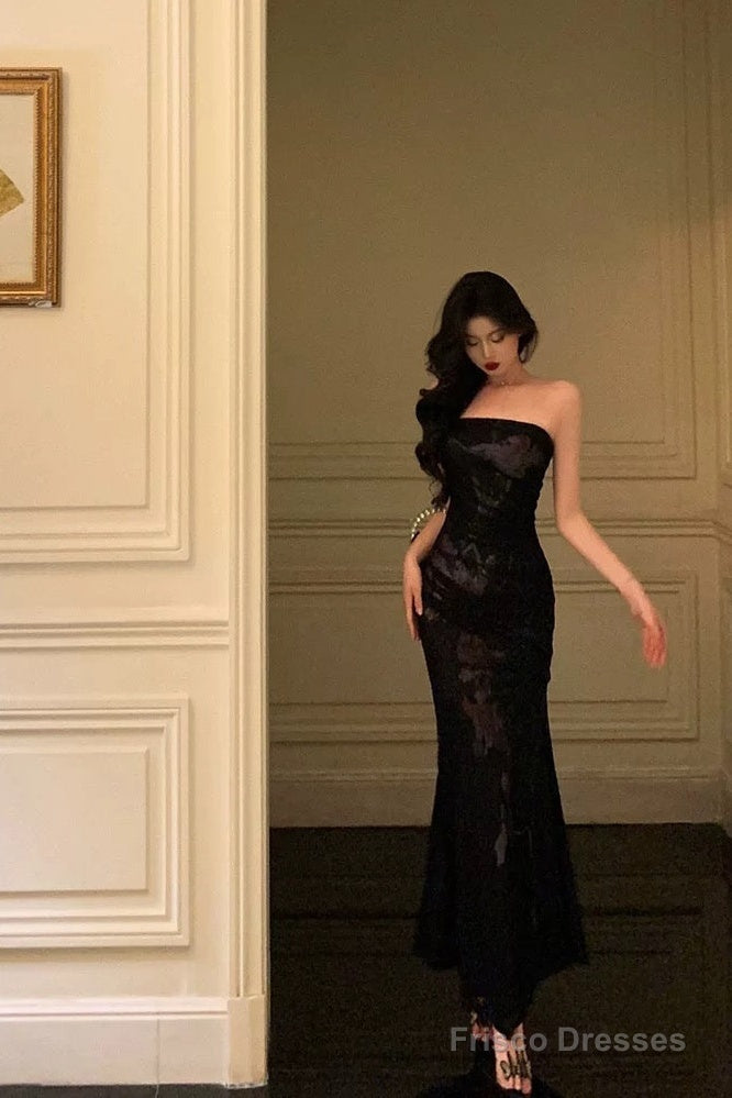 Classy Sheath Strapless Black Floral Prom Dresses Birthday Outfits Evening Gown Main image