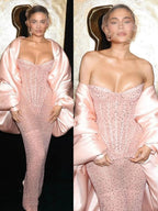 Classy Sheath Strapless Sequin Floor Length Pink Slit Prom Dresses Prom Gowns