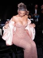Classy Sheath Strapless Sequin Floor Length Pink Slit Prom Dresses Prom Gowns