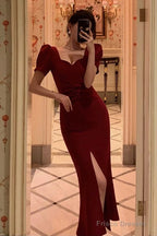 Classy Sheath Sweetheart Neckline Short Sleeves Red Prom Dresses Birthday Outfits Evening Gown