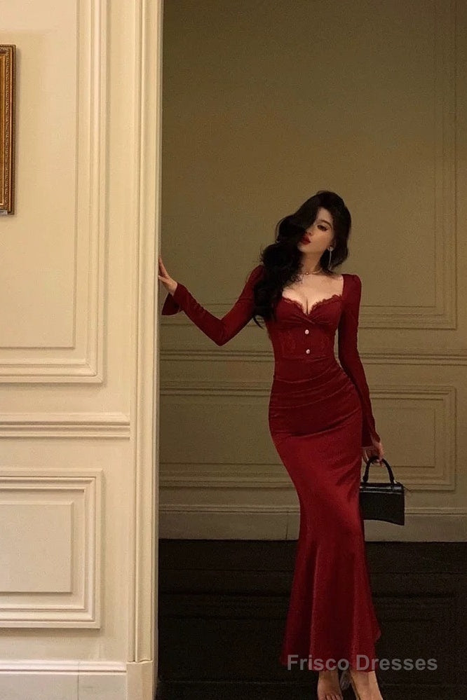 Classy Sheath Sweetheart Red Ruffles Velvet Prom Dresses Birthday Outfits Evening Gown Main image