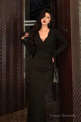 Classy Sheath V Neckline Long Sleeves Black Prom Dresses Birthday Outfits