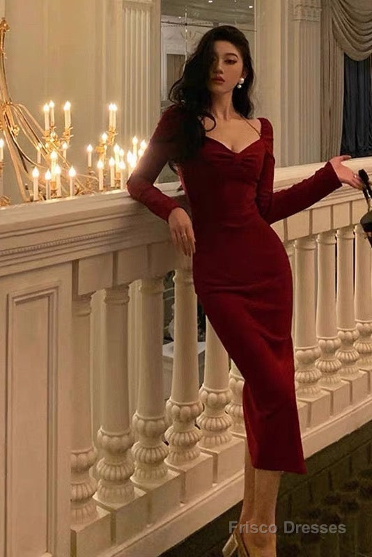 Classy Sheath V Neckline Long Sleeves Red Prom Dresses Birthday Outfits Evening Gown Main image