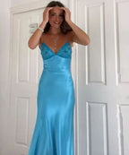 Classy Spaghetti Strap Sleeveless Mermaid Satin Long Backless Prom Dresses