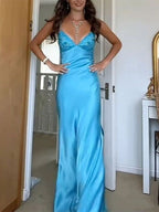Classy Spaghetti Strap Sleeveless Mermaid Satin Long Backless Prom Dresses