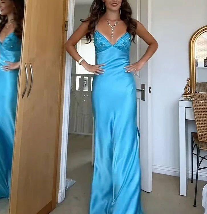 Classy Spaghetti Strap Sleeveless Mermaid Satin Long Backless Prom Dresses