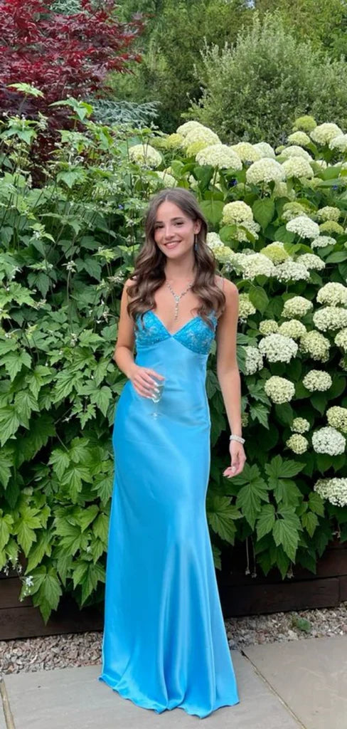Classy Spaghetti Strap Sleeveless Mermaid Satin Long Prom Dresses Main image