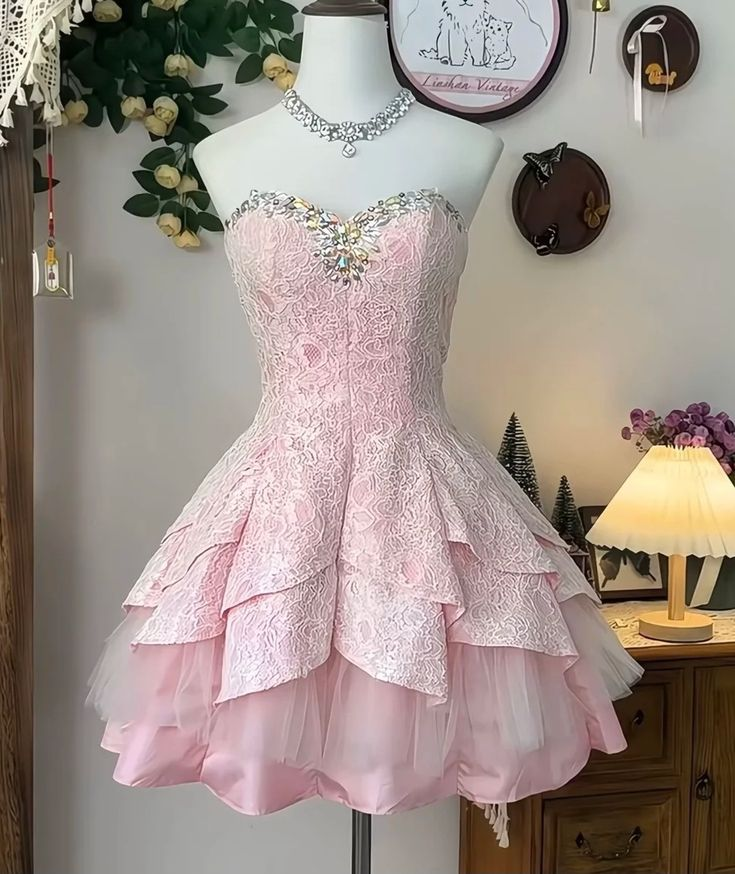 Classy Strapless Lace Beaded A Line Homecoming Dress Pink Short Birthday Dress
