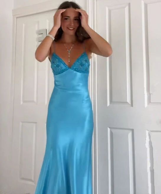 Classy V-Neck Blue Beaded Back Tie A-Line Long Prom Dress