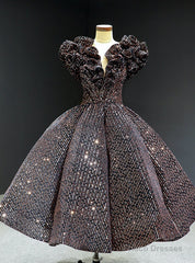 Coffee Ball Gown Sequins V-neck Short Tea Length Prom Dress