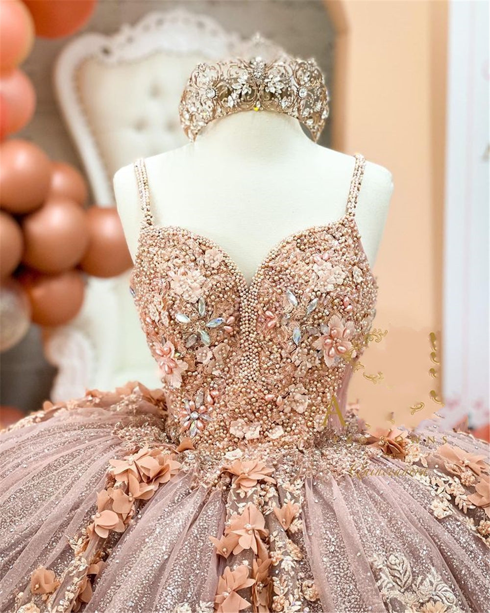 Coffee Beaded Quinceanera Dresses Sexy Spaghetti Neck Appliqued 3D Floral Sweet 16 Princess Ball Gown Pageant Gowns Vestido