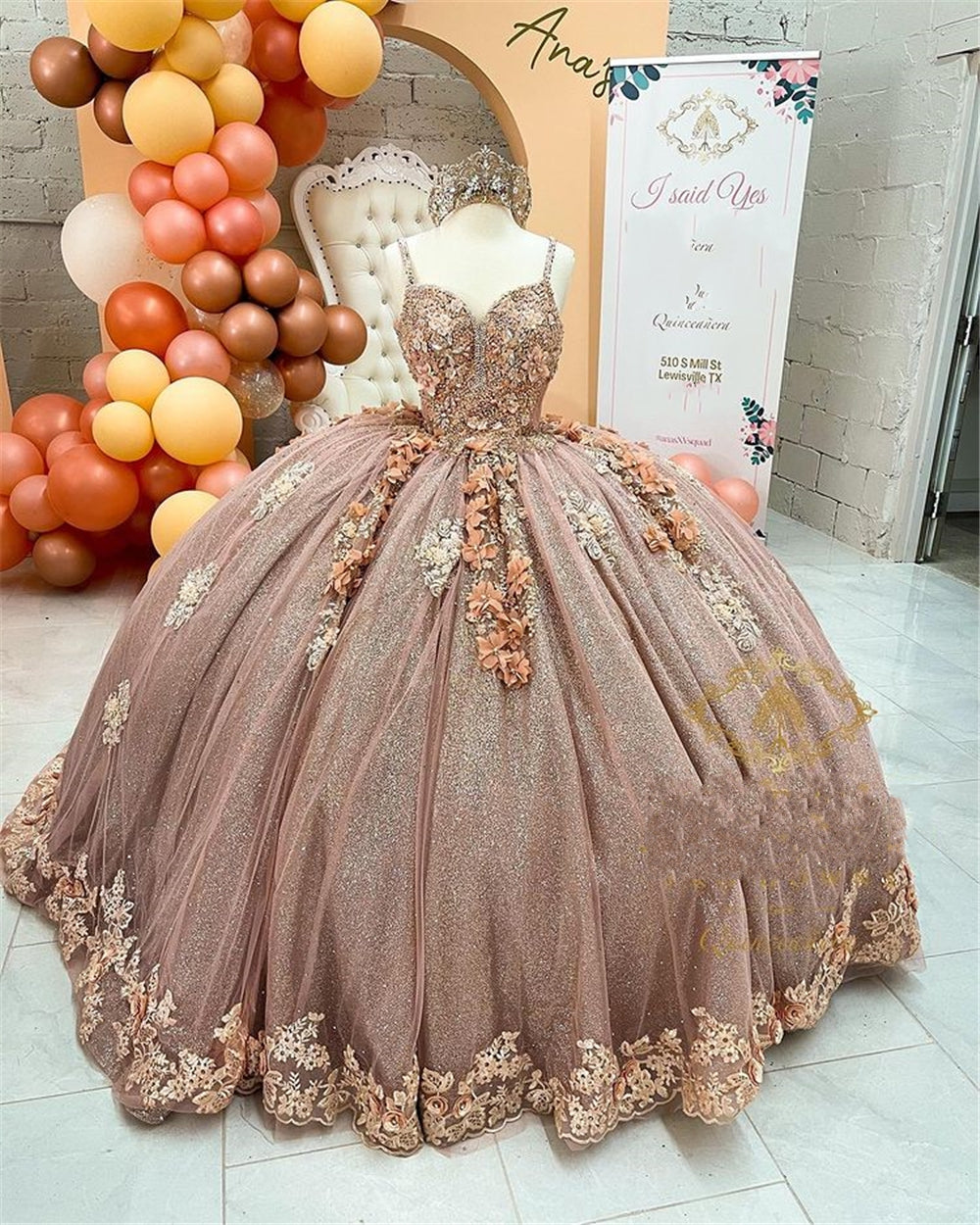 Coffee Beaded Quinceanera Dresses Sexy Spaghetti Neck Appliqued 3D Floral Sweet 16 Princess Ball Gown Pageant Gowns Vestido Main image