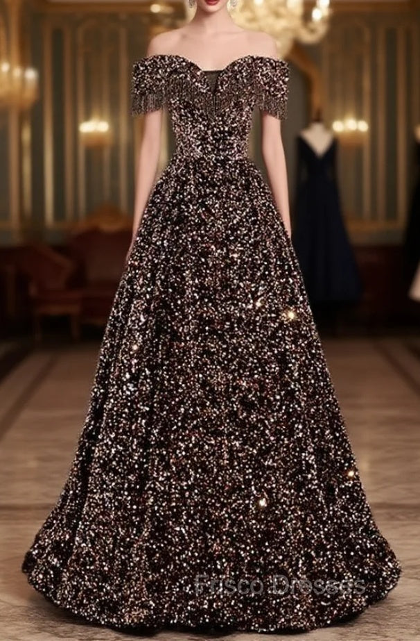 Coffee Gold Sequins Off the Shoulder Beading Formal Prom Dress Main image