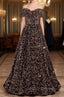 Coffee Gold Sequins Off the Shoulder Beading Formal Prom Dress