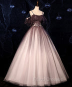 Coffee One Shoulder Tulle Long Formal Prom Gown, Coffee Tulle Formal Dress