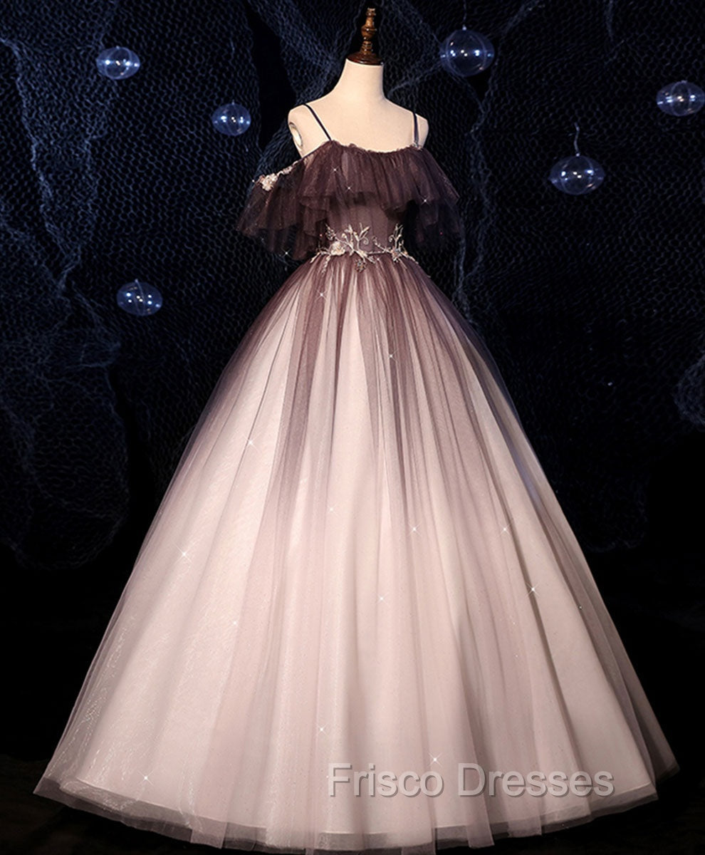 Coffee One Shoulder Tulle Long Formal Prom Gown, Coffee Tulle Formal Dress