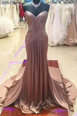 Coffee Satin Ruched Sweetheart Mermaid Prom Dresses