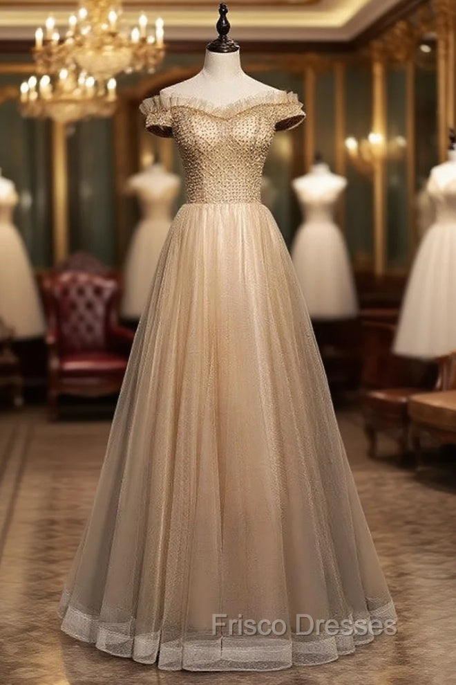 Coffee Tulle Off the Shoulder Beading Formal Prom Dress