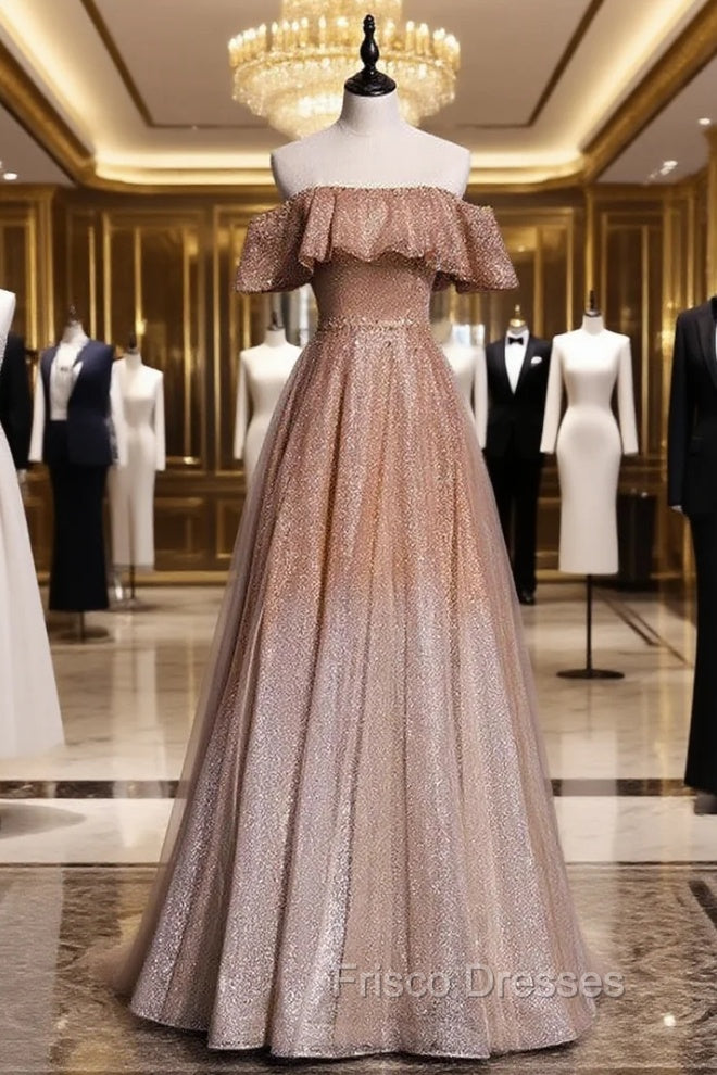 Coffee Tulle Sequins Off the Shoulder Beading Formal Prom Dress Main image