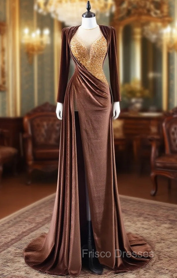 Coffee Velvet Long Sleeve Beading Formal Prom Dress Main image