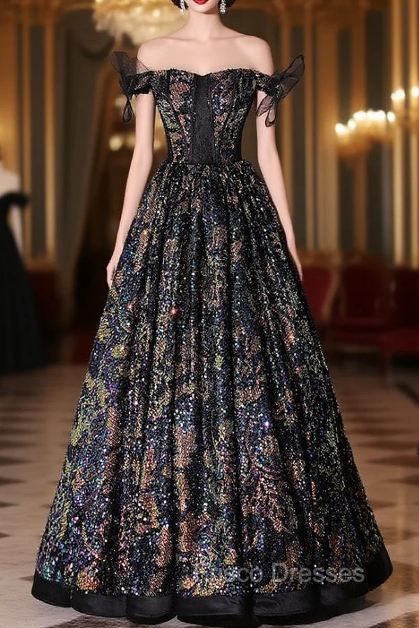 Colorful Black Sequins Off the Shoulder Formal Prom Dress Main image