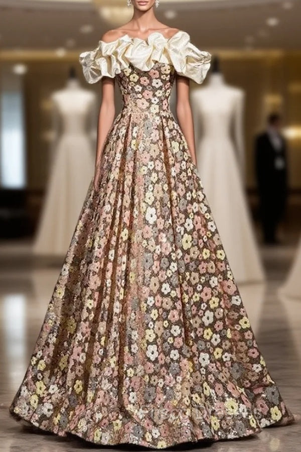 Colorful Flower Sequins Off the Shoulder Formal Prom Dress Main image