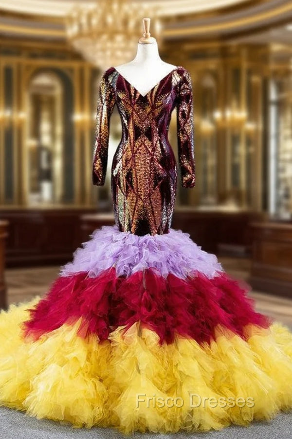 Colorful Mermaid Sequins Tulle Long Sleeve V-neck Formal Prom Dress