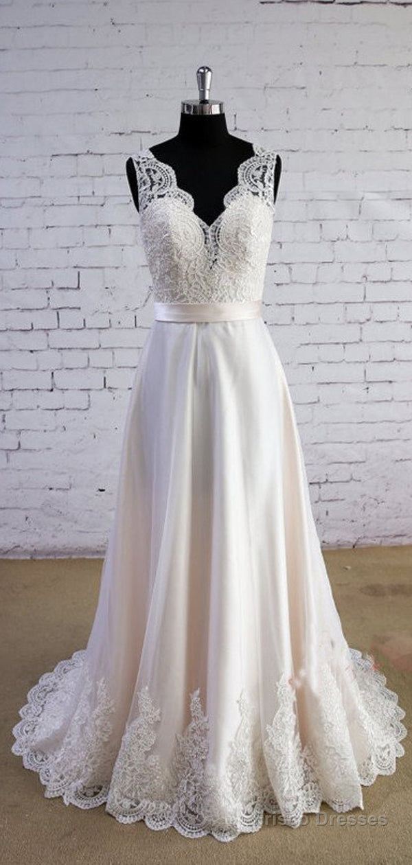 Column Sleeveless Special Wheat Color  V-Neck V-Back High Waist Lace Sweep Trailing Wedding Dresses, Secondary image