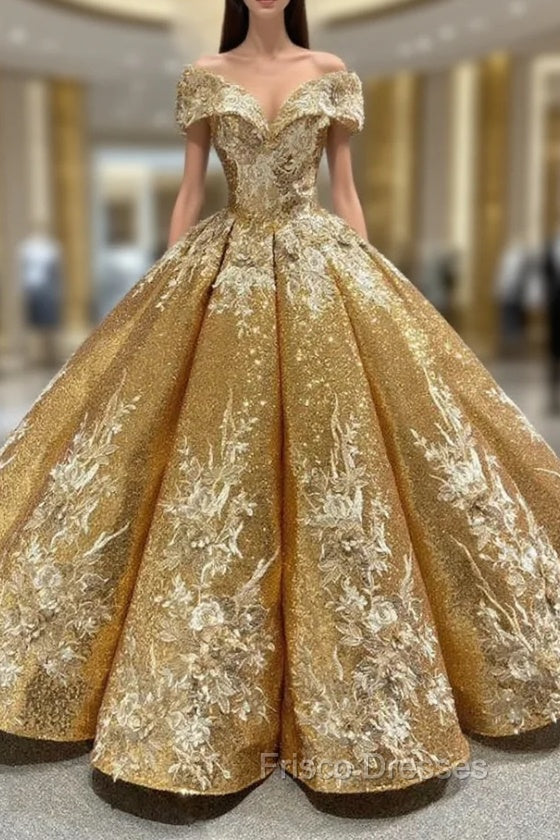 Come In a Wide Variety Of On-Trend Styles, Gold Ball Gown Sequins Off the Shoulder Appliques Formal Prom Dress Main image