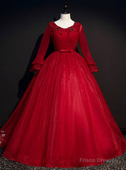 Come In All Styles And Colors Burgund Ball Gown Tulle Long Sleeve Appliques Quinceanera Dress
