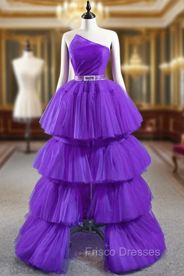 Come In All Styles And Colors Purple Ball Gown Strapless Pleats Tiers Formal Prom Dress With Belt Main image