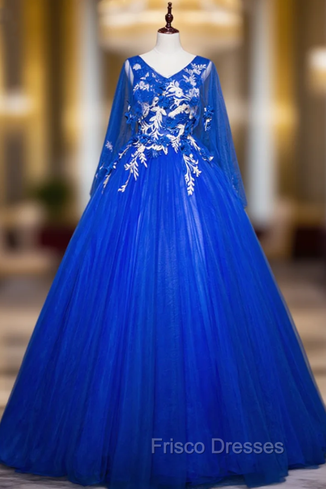 Come In All Styles And Colors Royal Blue Ball Gown Tulle V-neck Appliques Quinceanera Dress Main image