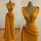 Mermaid Prom Dresses Deep Neck Sexy Satin Evening Dress Cheap Sweep Cocktail Dress