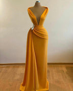 Mermaid Prom Dresses Deep Neck Sexy Satin Evening Dress Cheap Sweep Cocktail Dress