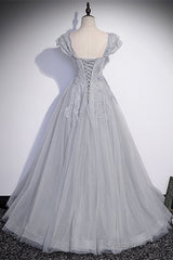 Silver A-line Long Prom Dress with Cap Sleeves