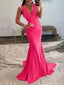 Coral Pink Mermaid Deep V-Neck Beaded Satin Long Prom Dress