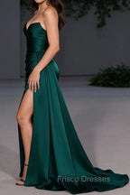 Corset Strapless Dark Green Mermaid Long Prom Dress With Slit