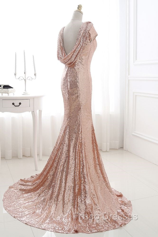 COURTNEY Fit and Flare Sweep train Sequined Rosy Golden Formal Prom Pa ...