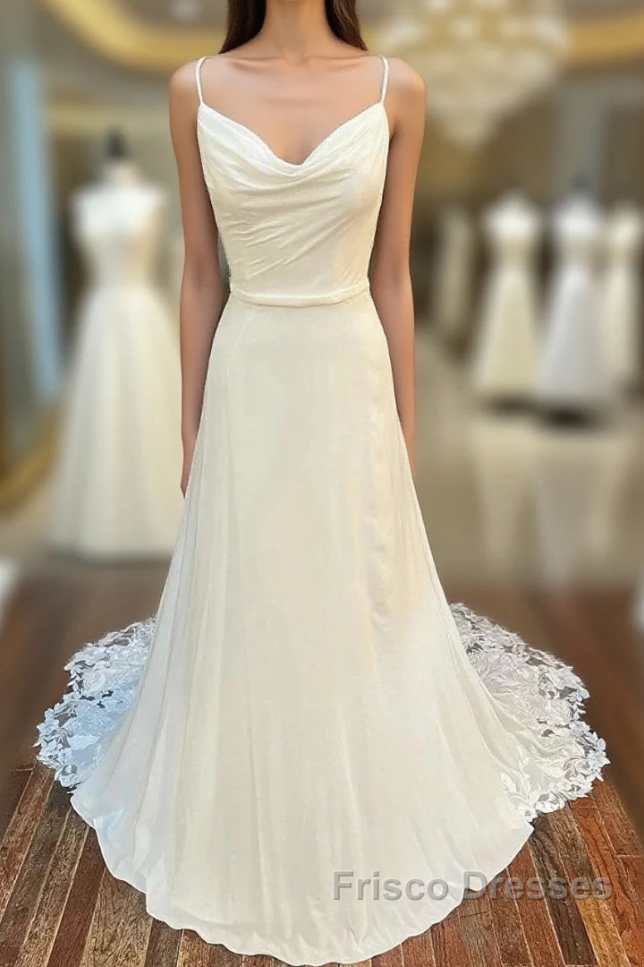Cowl Neck Cutout Back Lace-Trimmed Long Wedding Dress Main image