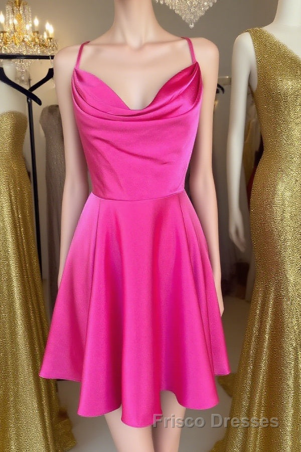 Cowl Neck Short Pink Formal Prom Dresses, Short Pink Graduation Homecoming Dresses