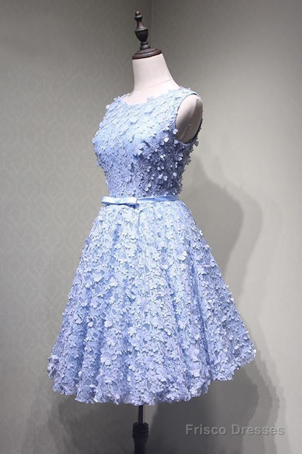 Crew Knee-Length Open Back Appliques Blue Lace Homecoming Dress Secondary image