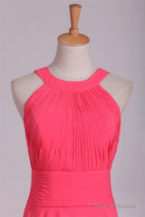 Crew Neck Watermelon Chiffon Long Bridesmaid Dress