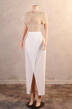 Crew Sheath Formal Prom Dress Ankle-Length Zipper Beads Split Side Short Sleeve Evening Dress